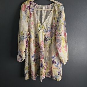 H&M Floral V-Neck Mini Dress - Cream and Pink